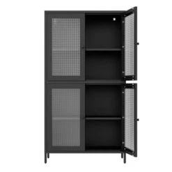 4-Door 4-Shelf Classic Metal Cabinet: Waffle Grids Tempered Glass In Black -FURITURE SALE SHOP black tahanbath pantry organizers z w1162p152978 1f 1000