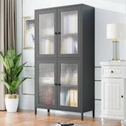 4-Door 4-Shelf Classic Metal Cabinet: Waffle Grids Tempered Glass In Black -FURITURE SALE SHOP black tahanbath pantry organizers z w1162p152978 31 1000