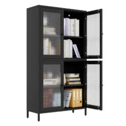 4-Door 4-Shelf Classic Metal Cabinet: Waffle Grids Tempered Glass In Black -FURITURE SALE SHOP black tahanbath pantry organizers z w1162p152978 4f 1000