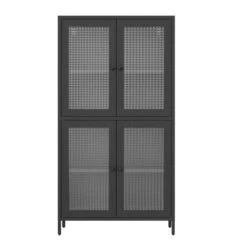 4-Door 4-Shelf Classic Metal Cabinet: Waffle Grids Tempered Glass In Black