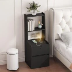 Modern Nightstand: Charging Station, Night Light, Bookshelf In Black -FURITURE SALE SHOP black tahanbath pantry organizers z w1247p179955 76 1000