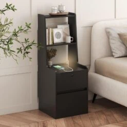Modern Nightstand: Charging Station, Night Light, Bookshelf In Black -FURITURE SALE SHOP black tahanbath pantry organizers z w1247p179955 fa 1000