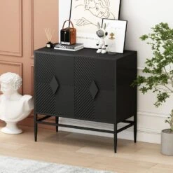31.5 In. Black Modern 2-Door Wooden Accent Cabinet With Metal Legs, 2-Tier Storage, For Living, Entryway