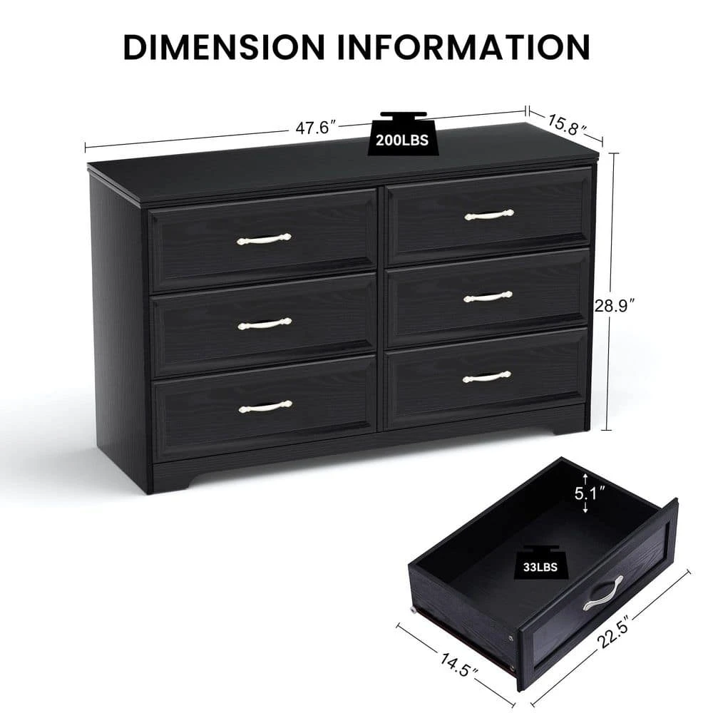 6-Drawer Dresser With 3-Drawer Chest, Metal Pulls, For Living, Bed, Hallways. Black 47.6 In. L X 15.7 In. W X 28.9 In. H 10 6-Drawer Dresser With 3-Drawer Chest, Metal Pulls, For Living, Bed, Hallways. Black 47.6 In. L X 15.7 In. W X 28.9 In. H - Image 10