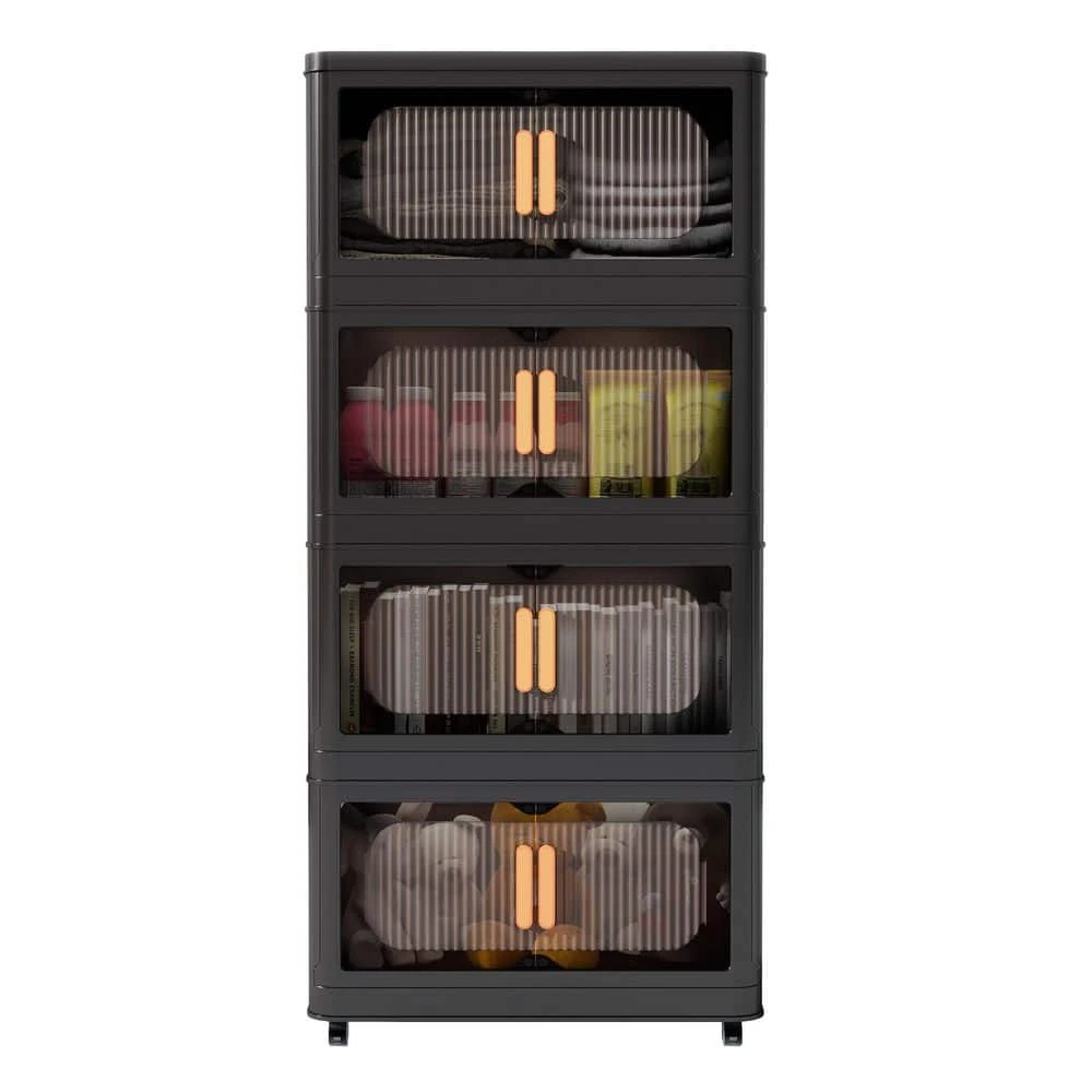 4-Tier Plastic Storage Cabinet: 20 In. Side Wide, Wheelsand Magnetic Door In Black 1 4-Tier Plastic Storage Cabinet: 20 In. Side Wide, Wheelsand Magnetic Door In Black