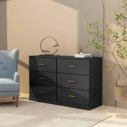 Modern Black 6-Drawer Dresser For Bedroom-Ample Storage Wide Chest Of Drawers, Sturdy And Safe