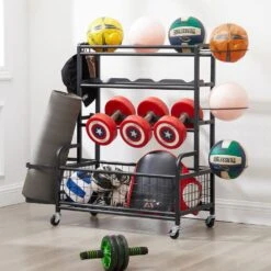 4-Tier Rolling Metal Storage Organizer With Baskets And Hooks, For Sports Gear Indoor/Outdoor In Black 9 4-Tier Rolling Metal Storage Organizer With Baskets And Hooks, For Sports Gear Indoor/Outdoor In Black -FURITURE SALE SHOP black tahanbath pantry organizers z w2167p144259 1f 1000
