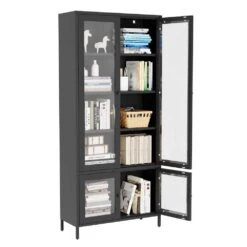 Large 4-Glass-Door Metal Display Cabinet: 5-Shelves For Bedroom, Living Room And More In Black -FURITURE SALE SHOP black tahanbath pantry organizers z w2378p176271 4f 1000