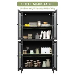 Black Classic Metal Cabinet With 4 Glass Doors And Tempered Glass Shelves: Elegant Storage For Home Or Living Room -FURITURE SALE SHOP black tahanbath pantry organizers z w2378p176372 1f 1000