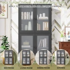 Black Classic Metal Cabinet With 4 Glass Doors And Tempered Glass Shelves: Elegant Storage For Home Or Living Room -FURITURE SALE SHOP black tahanbath pantry organizers z w2378p176372 31 1000