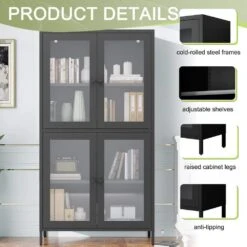 Black Classic Metal Cabinet With 4 Glass Doors And Tempered Glass Shelves: Elegant Storage For Home Or Living Room -FURITURE SALE SHOP black tahanbath pantry organizers z w2378p176372 44 1000