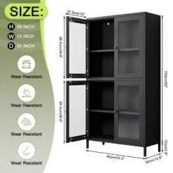 Black Classic Metal Cabinet With 4 Glass Doors And Tempered Glass Shelves: Elegant Storage For Home Or Living Room -FURITURE SALE SHOP black tahanbath pantry organizers z w2378p176372 4f 1000