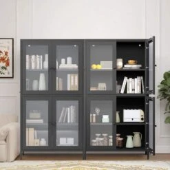 Black Classic Metal Cabinet With 4 Glass Doors And Tempered Glass Shelves: Elegant Storage For Home Or Living Room -FURITURE SALE SHOP black tahanbath pantry organizers z w2378p176372 76 1000