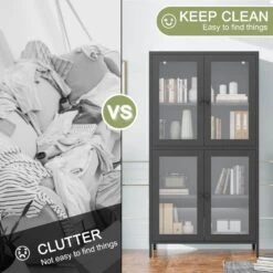 Black Classic Metal Cabinet With 4 Glass Doors And Tempered Glass Shelves: Elegant Storage For Home Or Living Room -FURITURE SALE SHOP black tahanbath pantry organizers z w2378p176372 fa 1000