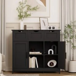 Black Wooden Floor Storage Cabinet With Drawers And Shelves-Ideal For Living Room, Bedroom And Bathroom Decor 10 Black Wooden Floor Storage Cabinet With Drawers And Shelves-Ideal For Living Room, Bedroom And Bathroom Decor -FURITURE SALE SHOP black tahanbath pantry organizers z w2386p192272 44 1000