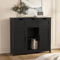 Black Wooden Floor Storage Cabinet With Drawers And Shelves-Ideal For Living Room, Bedroom And Bathroom Decor 8 Black Wooden Floor Storage Cabinet With Drawers And Shelves-Ideal For Living Room, Bedroom And Bathroom Decor -FURITURE SALE SHOP black tahanbath pantry organizers z w2386p192272 4f 1000