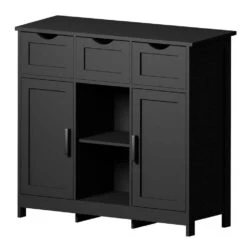 Black Wooden Floor Storage Cabinet With Drawers And Shelves-Ideal For Living Room, Bedroom And Bathroom Decor