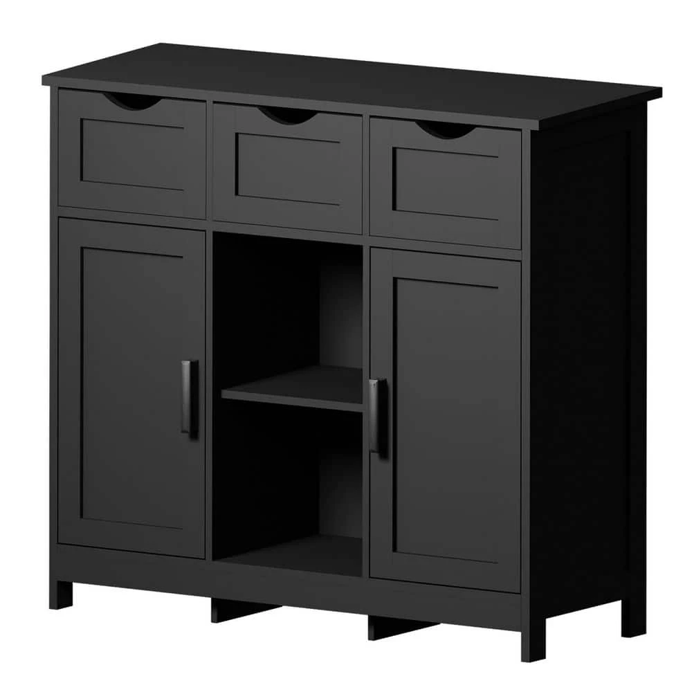 Black Wooden Floor Storage Cabinet With Drawers And Shelves-Ideal For Living Room, Bedroom And Bathroom Decor 1 Black Wooden Floor Storage Cabinet With Drawers And Shelves-Ideal For Living Room, Bedroom And Bathroom Decor
