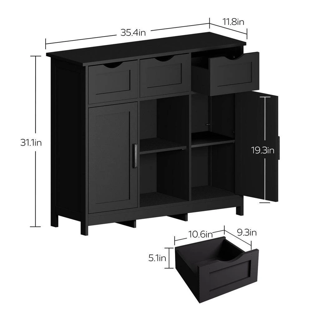 Black Wooden Floor Storage Cabinet With Drawers And Shelves-Ideal For Living Room, Bedroom And Bathroom Decor 2 Black Wooden Floor Storage Cabinet With Drawers And Shelves-Ideal For Living Room, Bedroom And Bathroom Decor - Image 2