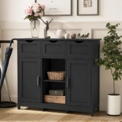 Black Wooden Floor Storage Cabinet With Drawers And Shelves-Ideal For Living Room, Bedroom And Bathroom Decor 11 Black Wooden Floor Storage Cabinet With Drawers And Shelves-Ideal For Living Room, Bedroom And Bathroom Decor -FURITURE SALE SHOP black tahanbath pantry organizers z w2386p192272 fa 1000