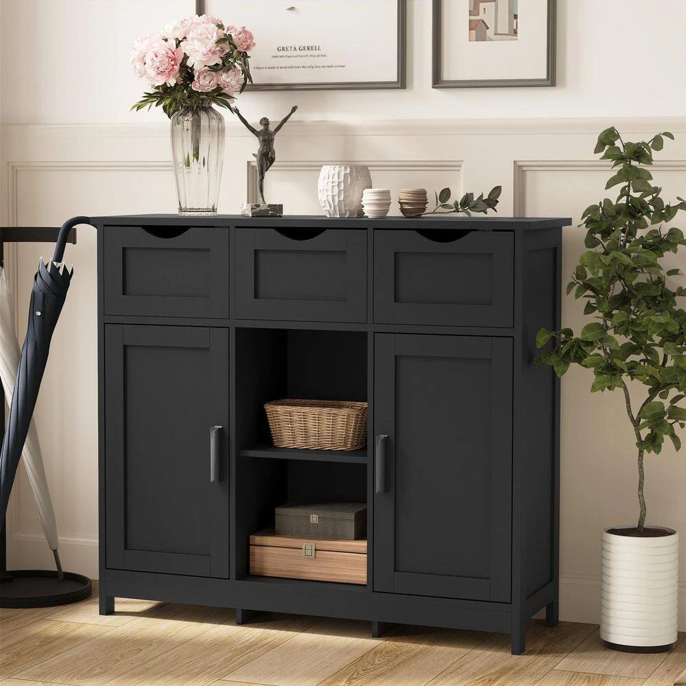 Black Wooden Floor Storage Cabinet With Drawers And Shelves-Ideal For Living Room, Bedroom And Bathroom Decor 6 Black Wooden Floor Storage Cabinet With Drawers And Shelves-Ideal For Living Room, Bedroom And Bathroom Decor - Image 6