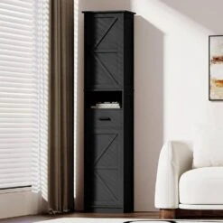 69 In. Tall Adjustable-Shelf Storage Cabinet With 2 Barn Doors For Bath, Living, Entryway And Kitchen (Black) -FURITURE SALE SHOP black tahanbath pantry organizers z w2386p207750 1f 1000