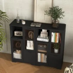 MDF Painted Cabinet With Glass Doors And Drawer, Open Storage Space, Bedroom, Living Room In Black -FURITURE SALE SHOP black tahanbath pantry organizers z w2386p207789 31 1000