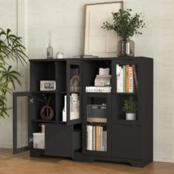 MDF Painted Cabinet With Glass Doors And Drawer, Open Storage Space, Bedroom, Living Room In Black -FURITURE SALE SHOP black tahanbath pantry organizers z w2386p207789 44 1000