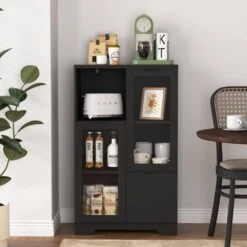 MDF Painted Cabinet With Glass Doors And Drawer, Open Storage Space, Bedroom, Living Room In Black -FURITURE SALE SHOP black tahanbath pantry organizers z w2386p207789 4f 1000