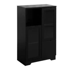 MDF Painted Cabinet With Glass Doors And Drawer, Open Storage Space, Bedroom, Living Room In Black