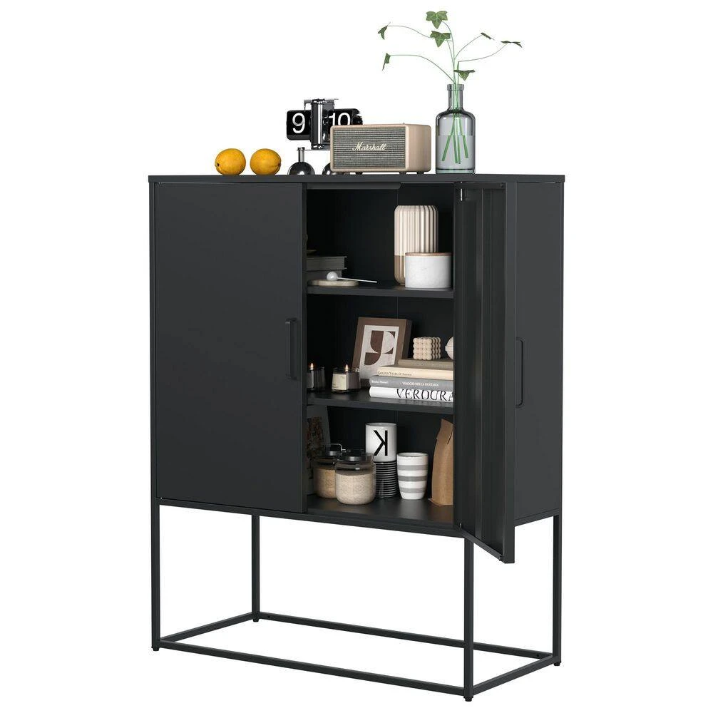 Black Heavy-Duty Metal Sideboard, 2 Shelves, Magnetic Doors Freestanding, For Home, Anti-Tip, Easy Assemble 6 Black Heavy-Duty Metal Sideboard, 2 Shelves, Magnetic Doors Freestanding, For Home, Anti-Tip, Easy Assemble - Image 6