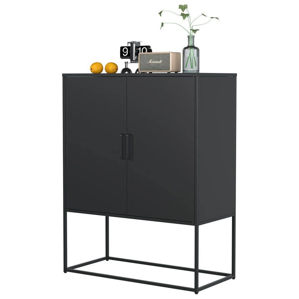 Black Heavy-Duty Metal Sideboard, 2 Shelves, Magnetic Doors Freestanding, For Home, Anti-Tip, Easy Assemble 2 Black Heavy-Duty Metal Sideboard, 2 Shelves, Magnetic Doors Freestanding, For Home, Anti-Tip, Easy Assemble - Image 2