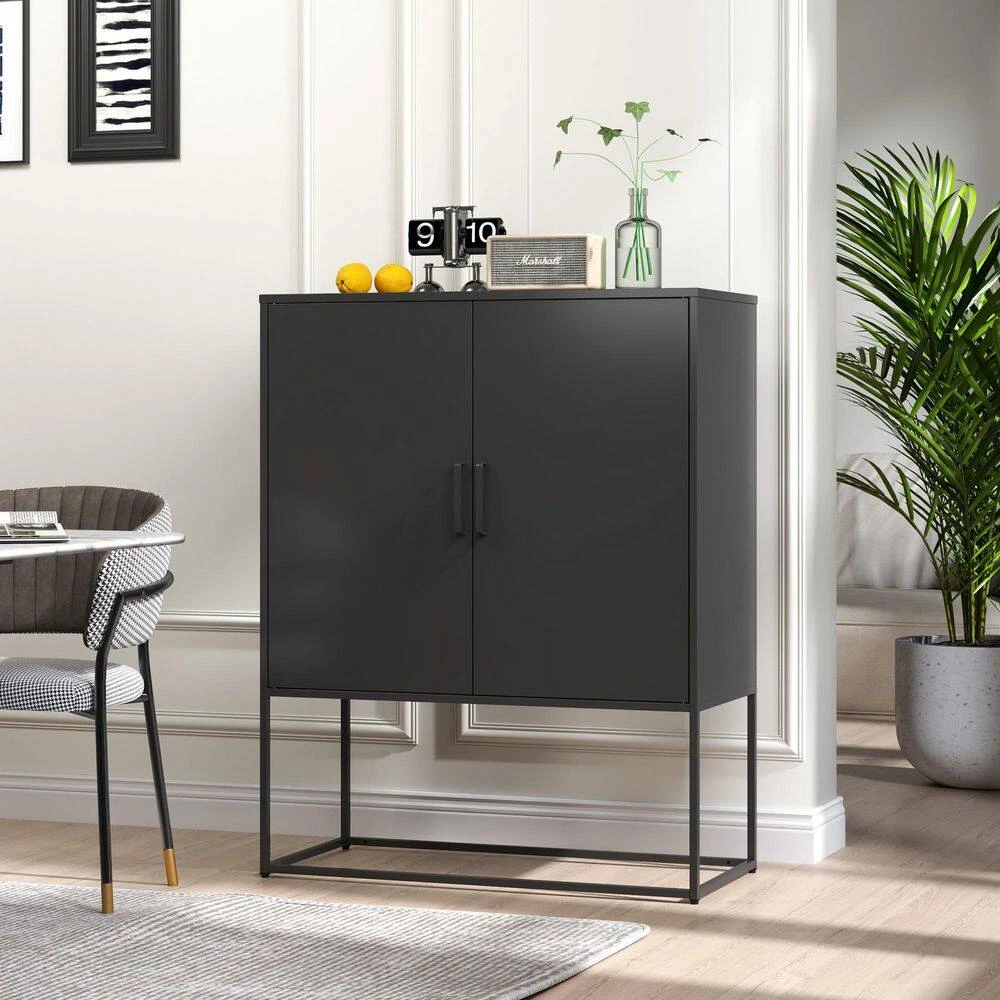 Black Heavy-Duty Metal Sideboard, 2 Shelves, Magnetic Doors Freestanding, For Home, Anti-Tip, Easy Assemble 5 Black Heavy-Duty Metal Sideboard, 2 Shelves, Magnetic Doors Freestanding, For Home, Anti-Tip, Easy Assemble - Image 5