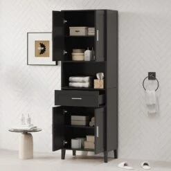 70.9in.H Freestanding Tall Bathroom Cabinet With 1 Drawer, 4 Soft-Close Doors, 2 Adjustable Shelves In Black -FURITURE SALE SHOP black tahanbath pantry organizers z w308106405 31 1000
