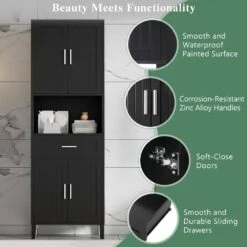 70.9in.H Freestanding Tall Bathroom Cabinet With 1 Drawer, 4 Soft-Close Doors, 2 Adjustable Shelves In Black -FURITURE SALE SHOP black tahanbath pantry organizers z w308106405 76 1000