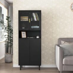 Tempered Glass Door Tall Storage Bookcase With Adjustable Board, 4-Doors MDF Painting Finished Cabinet In Black -FURITURE SALE SHOP black tahanbath pantry organizers z w679102745 31 1000