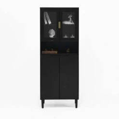 Tempered Glass Door Tall Storage Bookcase With Adjustable Board, 4-Doors MDF Painting Finished Cabinet In Black -FURITURE SALE SHOP black tahanbath pantry organizers z w679102745 4f 1000