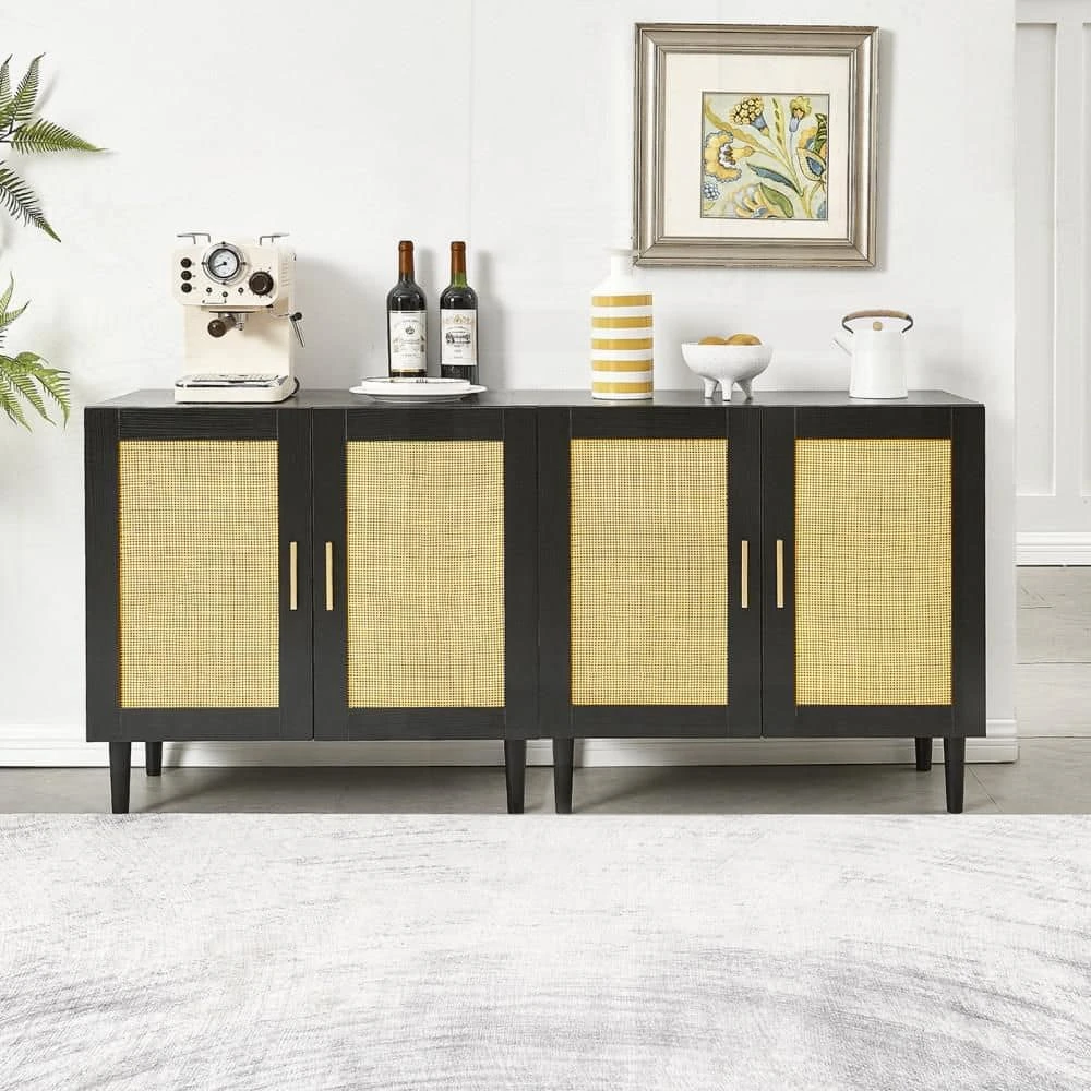 Rattan Storage Buffet: Side Panel Design, Natural Doors, Adjustable Shelves In Black 5 Rattan Storage Buffet: Side Panel Design, Natural Doors, Adjustable Shelves In Black - Image 5