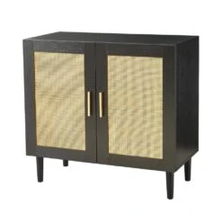 Rattan Storage Buffet: Side Panel Design, Natural Doors, Adjustable Shelves In Black