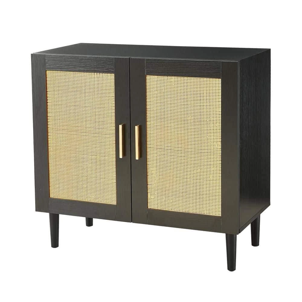 Rattan Storage Buffet: Side Panel Design, Natural Doors, Adjustable Shelves In Black 1 Rattan Storage Buffet: Side Panel Design, Natural Doors, Adjustable Shelves In Black