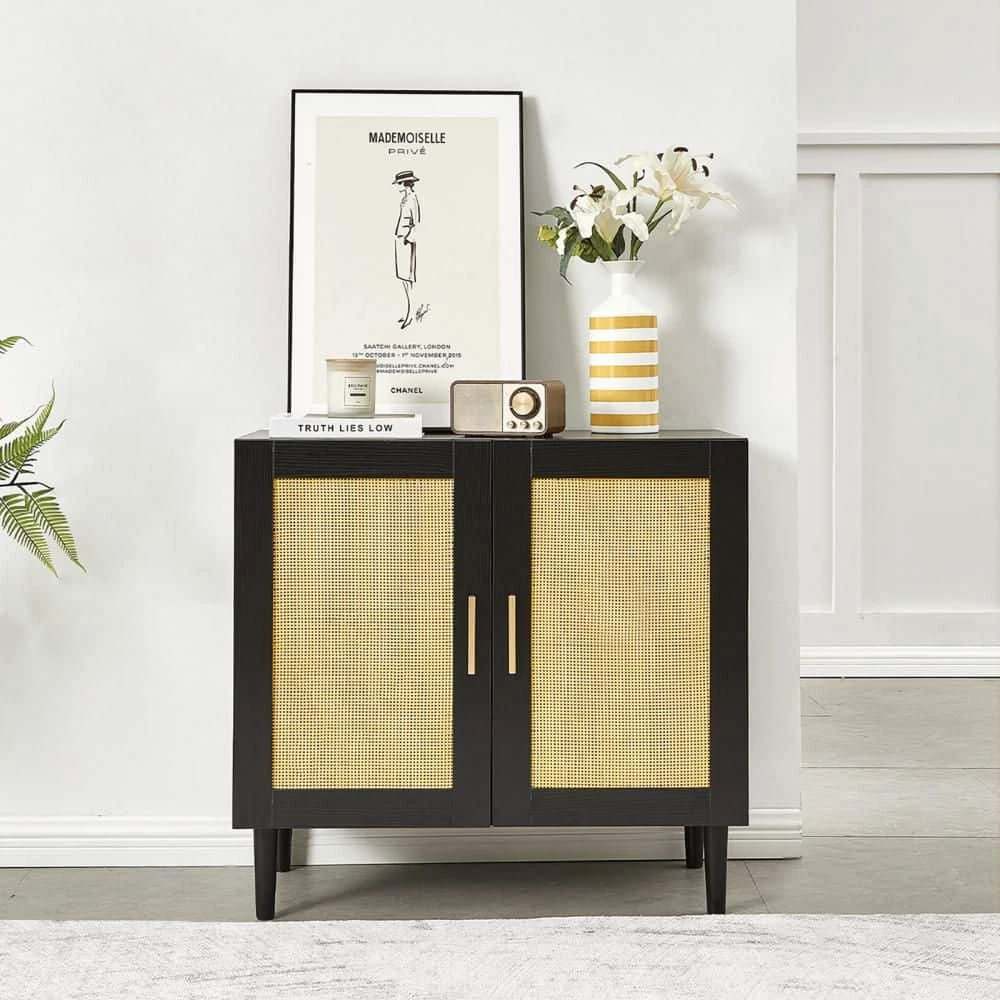 Rattan Storage Buffet: Side Panel Design, Natural Doors, Adjustable Shelves In Black 2 Rattan Storage Buffet: Side Panel Design, Natural Doors, Adjustable Shelves In Black - Image 2