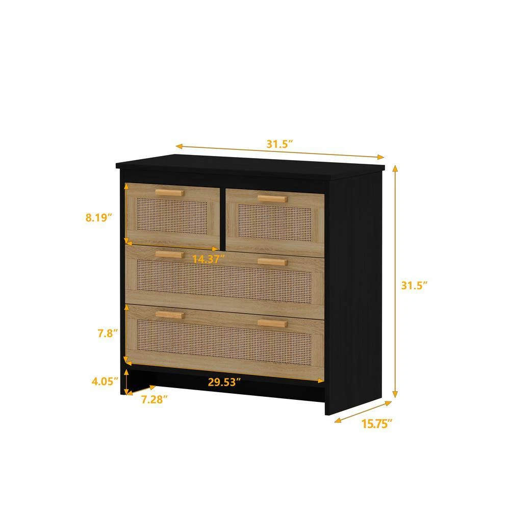 4-Drawers Rattan Cabinet, For Bedroom, Living Room, Dining Room, Hallways, Easy Assembly, Black 6 4-Drawers Rattan Cabinet, For Bedroom, Living Room, Dining Room, Hallways, Easy Assembly, Black - Image 6