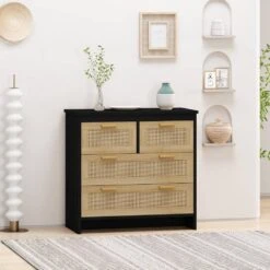4-Drawers Rattan Cabinet, For Bedroom, Living Room, Dining Room, Hallways, Easy Assembly, Black