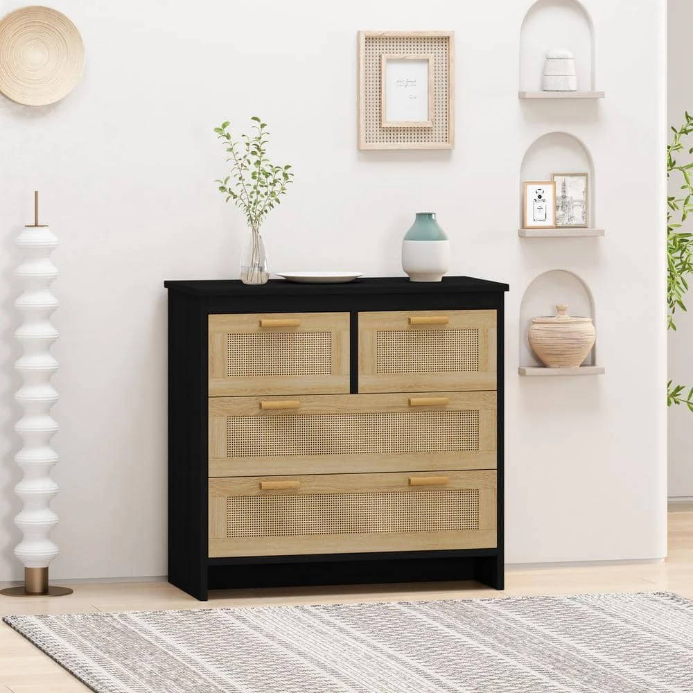 4-Drawers Rattan Cabinet, For Bedroom, Living Room, Dining Room, Hallways, Easy Assembly, Black 1 4-Drawers Rattan Cabinet, For Bedroom, Living Room, Dining Room, Hallways, Easy Assembly, Black