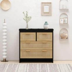 4-Drawers Rattan Cabinet, For Bedroom, Living Room, Dining Room, Hallways, Easy Assembly, Black 10 4-Drawers Rattan Cabinet, For Bedroom, Living Room, Dining Room, Hallways, Easy Assembly, Black -FURITURE SALE SHOP black tahanbath pantry organizers z w757137660 66 1000