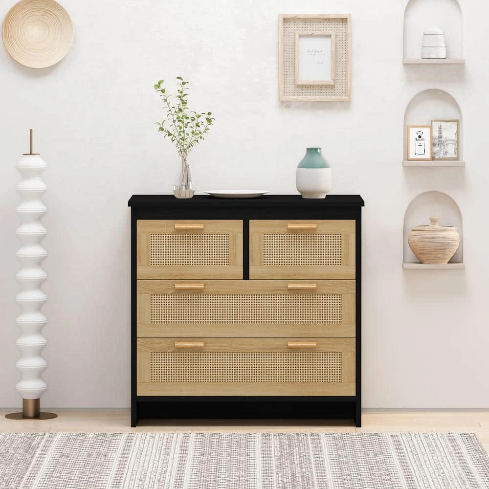 4-Drawers Rattan Cabinet, For Bedroom, Living Room, Dining Room, Hallways, Easy Assembly, Black 3 4-Drawers Rattan Cabinet, For Bedroom, Living Room, Dining Room, Hallways, Easy Assembly, Black - Image 3