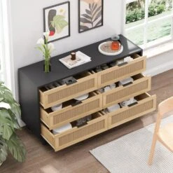 51.18 In. 6-Drawers Rattan Storage Cabinet Rattan Drawer With White Drawer Slides, For Bedroom, Living Room, Black -FURITURE SALE SHOP black tahanbath pantry organizers z w757p162761 76 1000