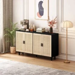 62.20"Elegant And Functional 4-Door Rattan Decorative Storage Cabinet,for Bedroom,Living Room,Office In Black -FURITURE SALE SHOP black tahanbath pantry organizers z w757p174987 44 1000