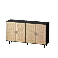 62.20"Elegant And Functional 4-Door Rattan Decorative Storage Cabinet,for Bedroom,Living Room,Office In Black