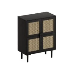 4-Doors Rattan Mesh Storage Cabinet, Sideboard With Eight Storage Spaces, For Entryway, Living Room, Hallway (Black)